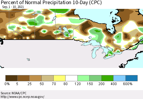 Canada Percent of Normal Precipitation 10-Day (CPC) Thematic Map For 9/1/2021 - 9/10/2021