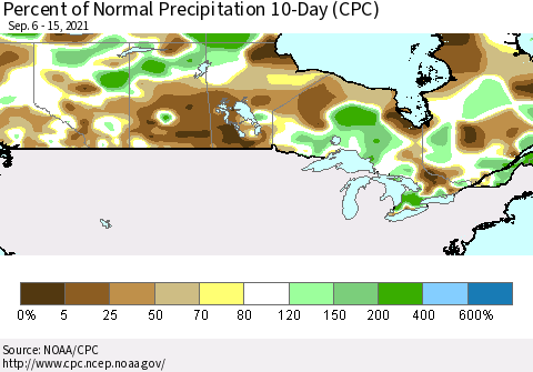Canada Percent of Normal Precipitation 10-Day (CPC) Thematic Map For 9/6/2021 - 9/15/2021