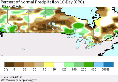 Canada Percent of Normal Precipitation 10-Day (CPC) Thematic Map For 9/11/2021 - 9/20/2021