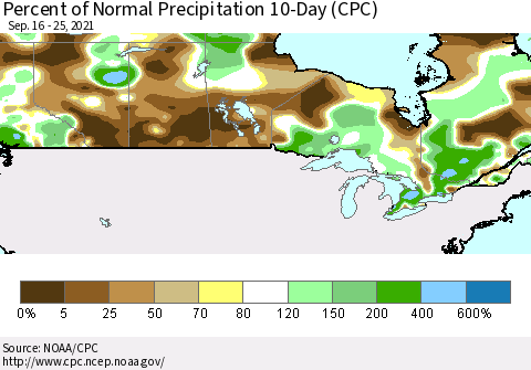 Canada Percent of Normal Precipitation 10-Day (CPC) Thematic Map For 9/16/2021 - 9/25/2021