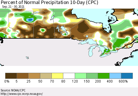 Canada Percent of Normal Precipitation 10-Day (CPC) Thematic Map For 9/21/2021 - 9/30/2021