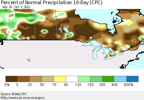 Canada Percent of Normal Precipitation 10-Day (CPC) Thematic Map For 9/26/2021 - 10/5/2021
