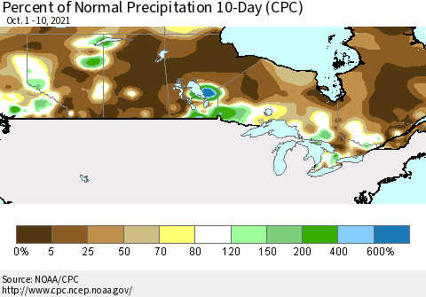 Canada Percent of Normal Precipitation 10-Day (CPC) Thematic Map For 10/1/2021 - 10/10/2021