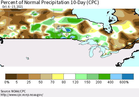 Canada Percent of Normal Precipitation 10-Day (CPC) Thematic Map For 10/6/2021 - 10/15/2021