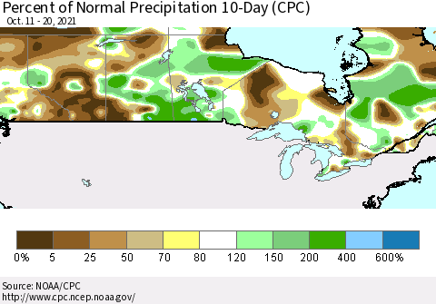 Canada Percent of Normal Precipitation 10-Day (CPC) Thematic Map For 10/11/2021 - 10/20/2021