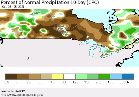 Canada Percent of Normal Precipitation 10-Day (CPC) Thematic Map For 10/16/2021 - 10/25/2021