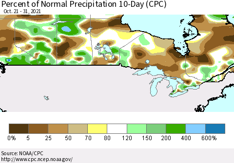 Canada Percent of Normal Precipitation 10-Day (CPC) Thematic Map For 10/21/2021 - 10/31/2021