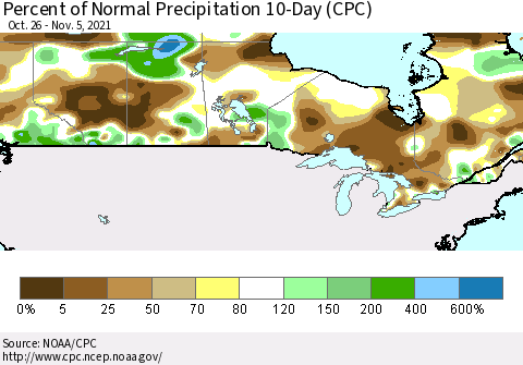 Canada Percent of Normal Precipitation 10-Day (CPC) Thematic Map For 10/26/2021 - 11/5/2021