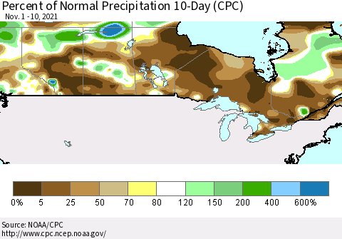 Canada Percent of Normal Precipitation 10-Day (CPC) Thematic Map For 11/1/2021 - 11/10/2021