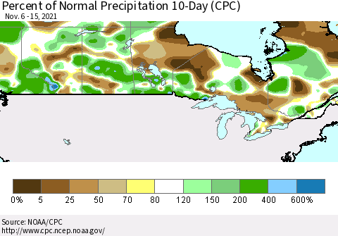 Canada Percent of Normal Precipitation 10-Day (CPC) Thematic Map For 11/6/2021 - 11/15/2021