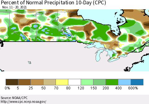 Canada Percent of Normal Precipitation 10-Day (CPC) Thematic Map For 11/11/2021 - 11/20/2021