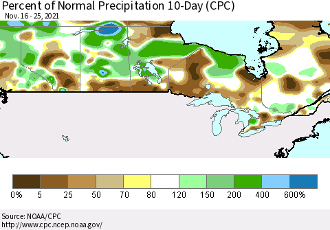 Canada Percent of Normal Precipitation 10-Day (CPC) Thematic Map For 11/16/2021 - 11/25/2021