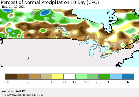 Canada Percent of Normal Precipitation 10-Day (CPC) Thematic Map For 11/21/2021 - 11/30/2021