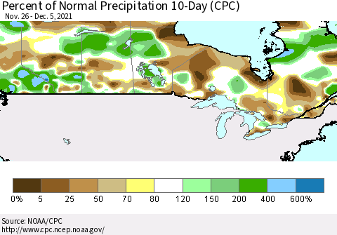 Canada Percent of Normal Precipitation 10-Day (CPC) Thematic Map For 11/26/2021 - 12/5/2021