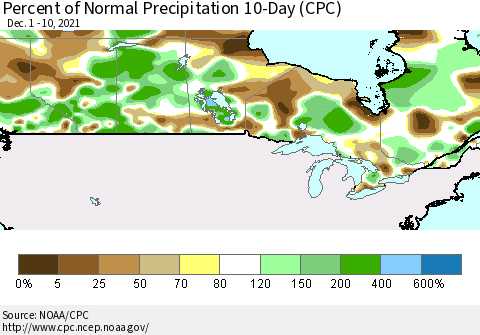 Canada Percent of Normal Precipitation 10-Day (CPC) Thematic Map For 12/1/2021 - 12/10/2021