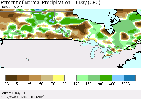 Canada Percent of Normal Precipitation 10-Day (CPC) Thematic Map For 12/6/2021 - 12/15/2021