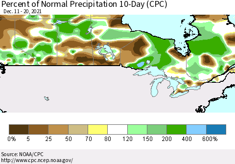 Canada Percent of Normal Precipitation 10-Day (CPC) Thematic Map For 12/11/2021 - 12/20/2021