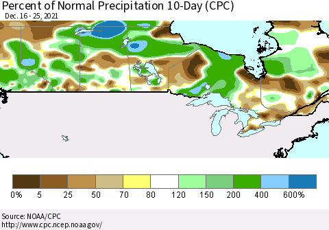 Canada Percent of Normal Precipitation 10-Day (CPC) Thematic Map For 12/16/2021 - 12/25/2021