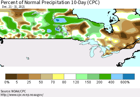 Canada Percent of Normal Precipitation 10-Day (CPC) Thematic Map For 12/21/2021 - 12/31/2021