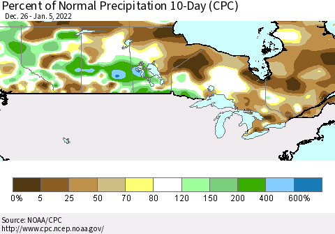 Canada Percent of Normal Precipitation 10-Day (CPC) Thematic Map For 12/26/2021 - 1/5/2022