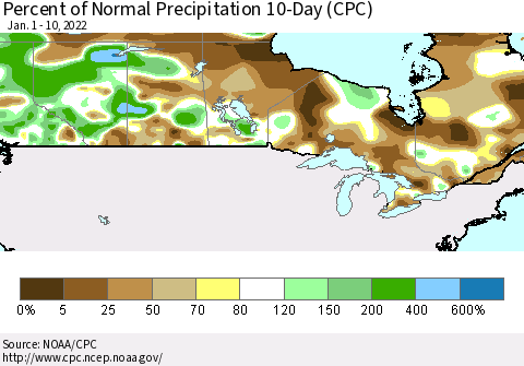 Canada Percent of Normal Precipitation 10-Day (CPC) Thematic Map For 1/1/2022 - 1/10/2022