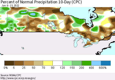 Canada Percent of Normal Precipitation 10-Day (CPC) Thematic Map For 1/6/2022 - 1/15/2022