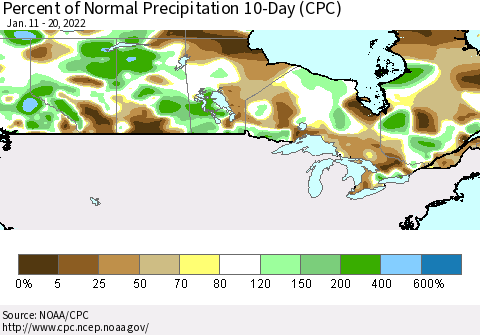 Canada Percent of Normal Precipitation 10-Day (CPC) Thematic Map For 1/11/2022 - 1/20/2022