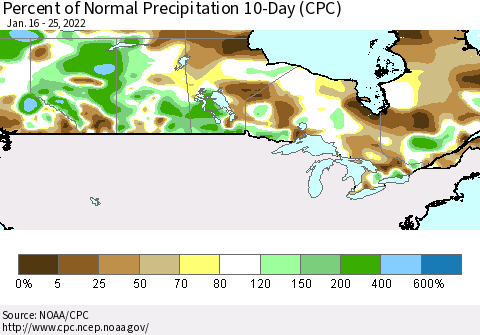 Canada Percent of Normal Precipitation 10-Day (CPC) Thematic Map For 1/16/2022 - 1/25/2022