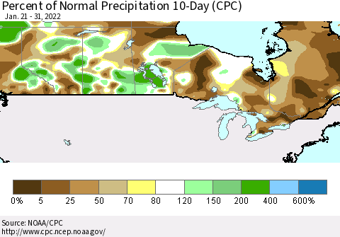 Canada Percent of Normal Precipitation 10-Day (CPC) Thematic Map For 1/21/2022 - 1/31/2022