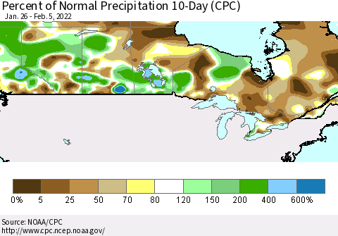 Canada Percent of Normal Precipitation 10-Day (CPC) Thematic Map For 1/26/2022 - 2/5/2022