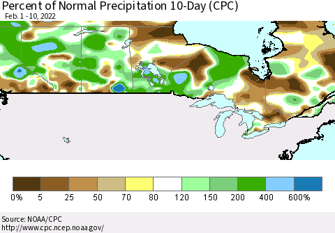 Canada Percent of Normal Precipitation 10-Day (CPC) Thematic Map For 2/1/2022 - 2/10/2022