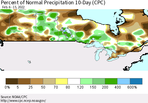 Canada Percent of Normal Precipitation 10-Day (CPC) Thematic Map For 2/6/2022 - 2/15/2022