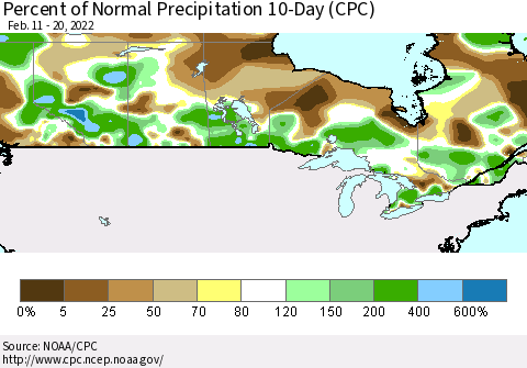 Canada Percent of Normal Precipitation 10-Day (CPC) Thematic Map For 2/11/2022 - 2/20/2022