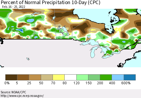 Canada Percent of Normal Precipitation 10-Day (CPC) Thematic Map For 2/16/2022 - 2/25/2022