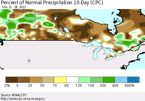 Canada Percent of Normal Precipitation 10-Day (CPC) Thematic Map For 2/21/2022 - 2/28/2022