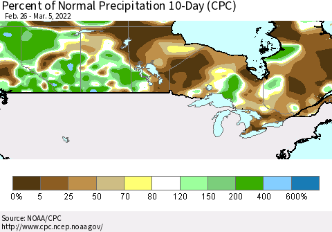 Canada Percent of Normal Precipitation 10-Day (CPC) Thematic Map For 2/26/2022 - 3/5/2022