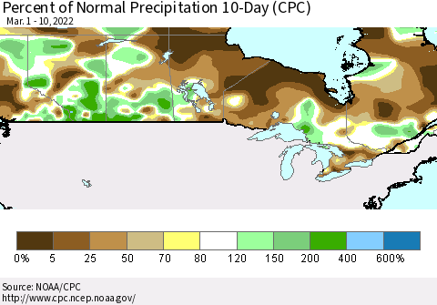 Canada Percent of Normal Precipitation 10-Day (CPC) Thematic Map For 3/1/2022 - 3/10/2022