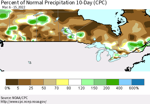 Canada Percent of Normal Precipitation 10-Day (CPC) Thematic Map For 3/6/2022 - 3/15/2022