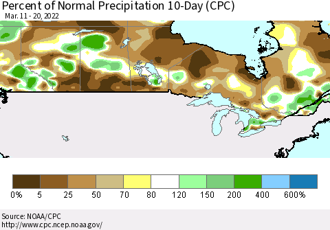 Canada Percent of Normal Precipitation 10-Day (CPC) Thematic Map For 3/11/2022 - 3/20/2022