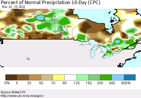 Canada Percent of Normal Precipitation 10-Day (CPC) Thematic Map For 3/16/2022 - 3/25/2022
