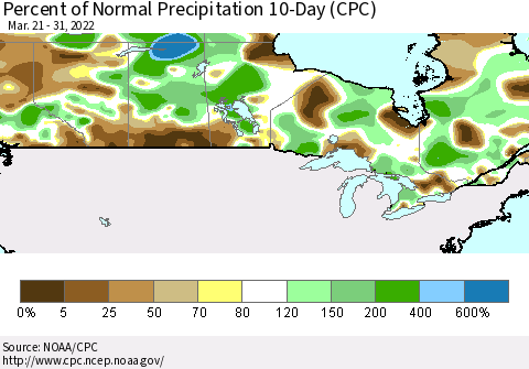 Canada Percent of Normal Precipitation 10-Day (CPC) Thematic Map For 3/21/2022 - 3/31/2022