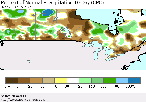 Canada Percent of Normal Precipitation 10-Day (CPC) Thematic Map For 3/26/2022 - 4/5/2022