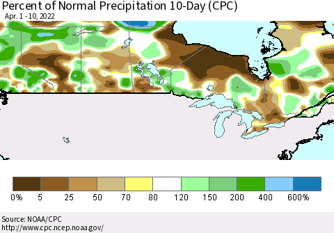 Canada Percent of Normal Precipitation 10-Day (CPC) Thematic Map For 4/1/2022 - 4/10/2022