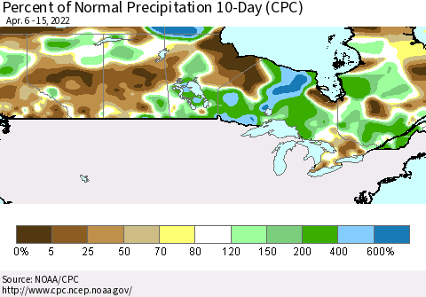 Canada Percent of Normal Precipitation 10-Day (CPC) Thematic Map For 4/6/2022 - 4/15/2022