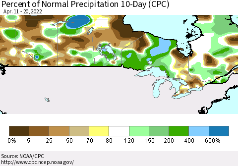 Canada Percent of Normal Precipitation 10-Day (CPC) Thematic Map For 4/11/2022 - 4/20/2022