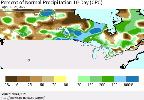 Canada Percent of Normal Precipitation 10-Day (CPC) Thematic Map For 4/16/2022 - 4/25/2022