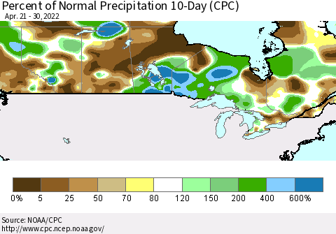 Canada Percent of Normal Precipitation 10-Day (CPC) Thematic Map For 4/21/2022 - 4/30/2022