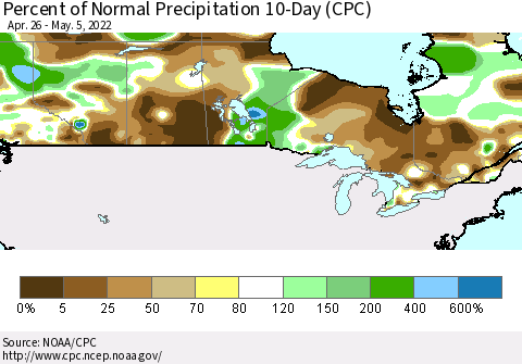 Canada Percent of Normal Precipitation 10-Day (CPC) Thematic Map For 4/26/2022 - 5/5/2022