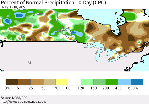 Canada Percent of Normal Precipitation 10-Day (CPC) Thematic Map For 5/1/2022 - 5/10/2022