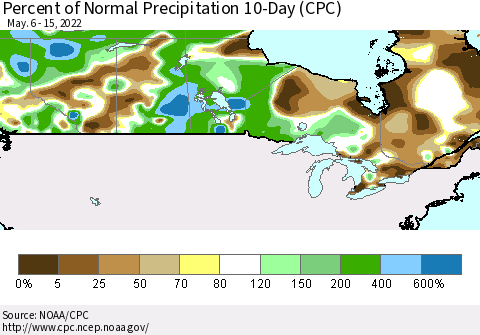 Canada Percent of Normal Precipitation 10-Day (CPC) Thematic Map For 5/6/2022 - 5/15/2022
